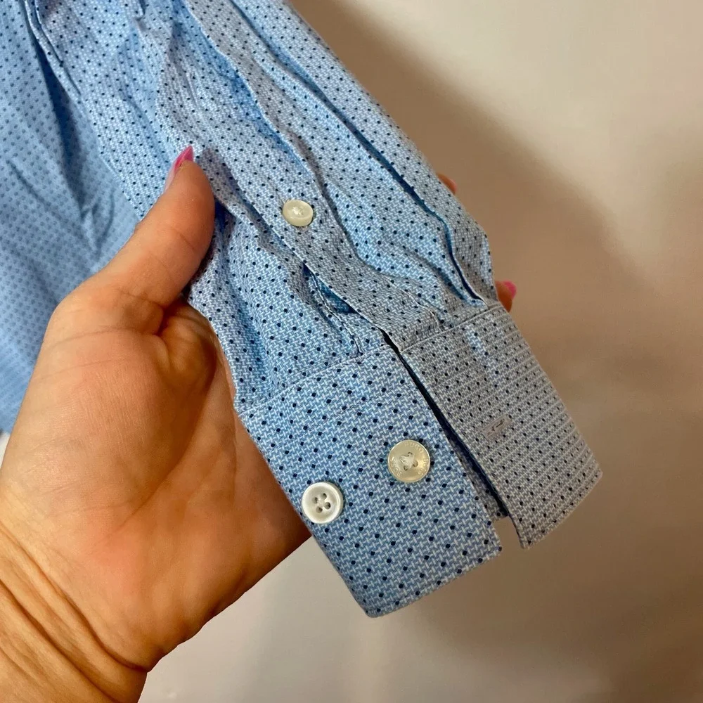 Hugo BOSS Long Sleeve Button Up Dress Shirt Mens 44 Blue Slim Fit Polka Dot‎